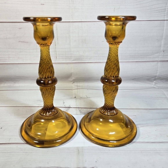 Amber Glass Candlestick Holders Set of 2 - Vintage Decor - Picture 1 of 6